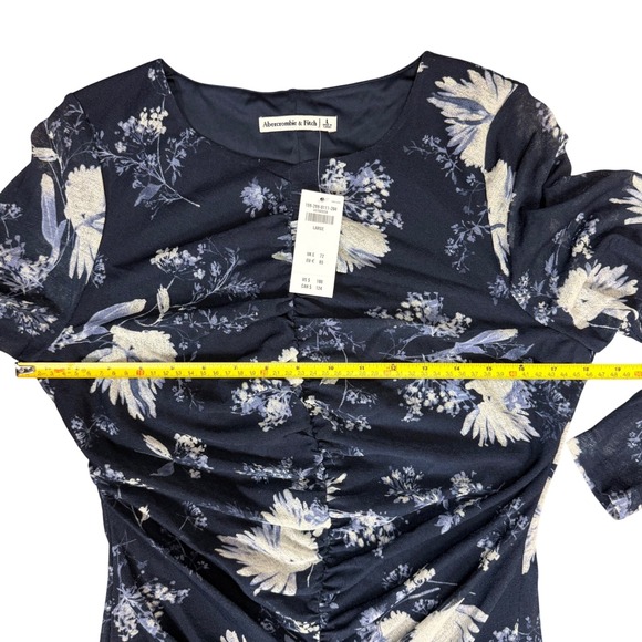Abercrombie & Fitch Navy Blue Floral Ruched Mesh Maxi Dress Large Stretch NWT - Picture 8 of 10